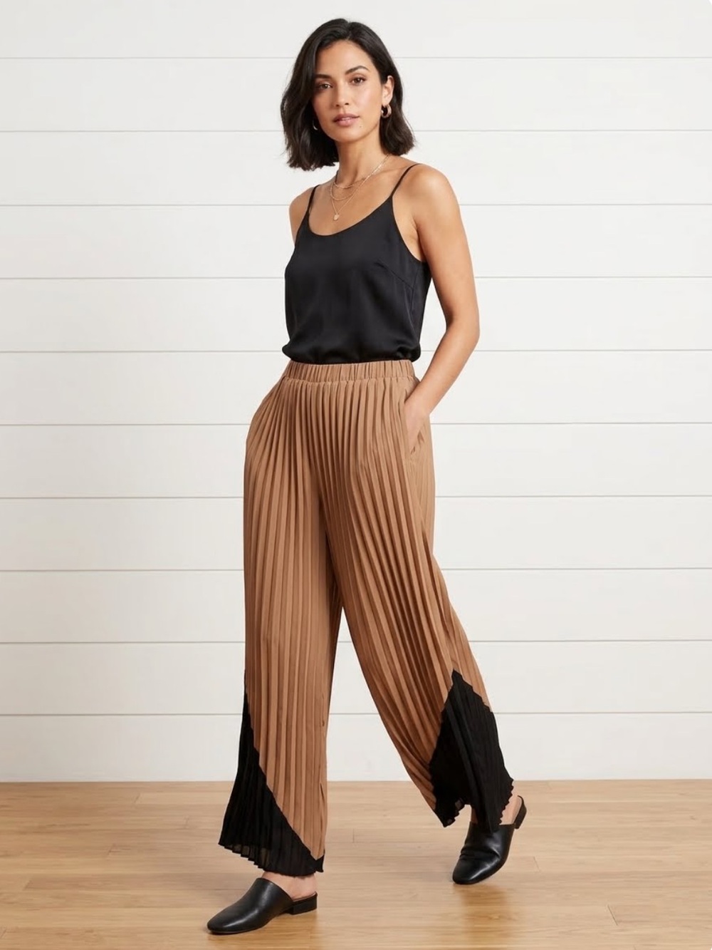Sugarlips pull on brown black pleated wide leg relaxed fit trouser pants size S